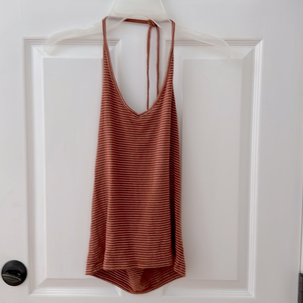 Tied  v neck halter dark orange &white stripe. Soft and stretchy fabric. EUC